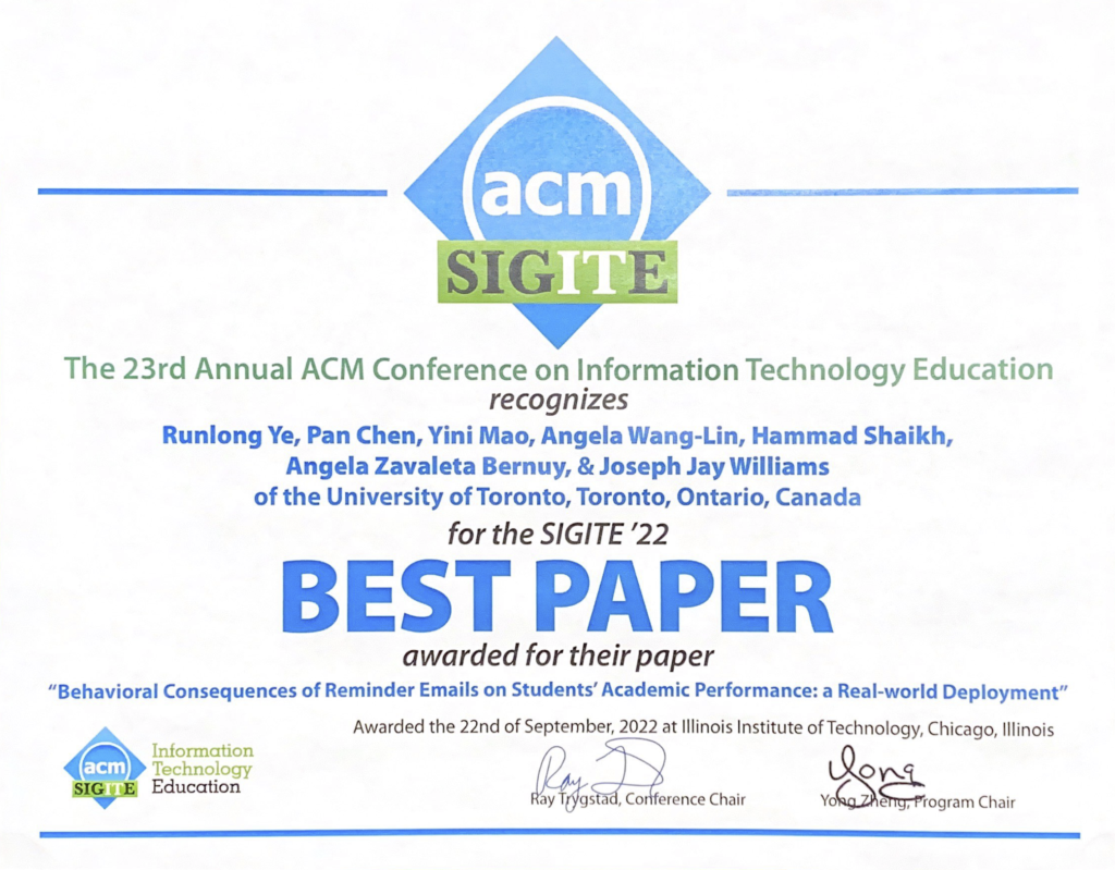 Best Paper certification for SIGITE '22