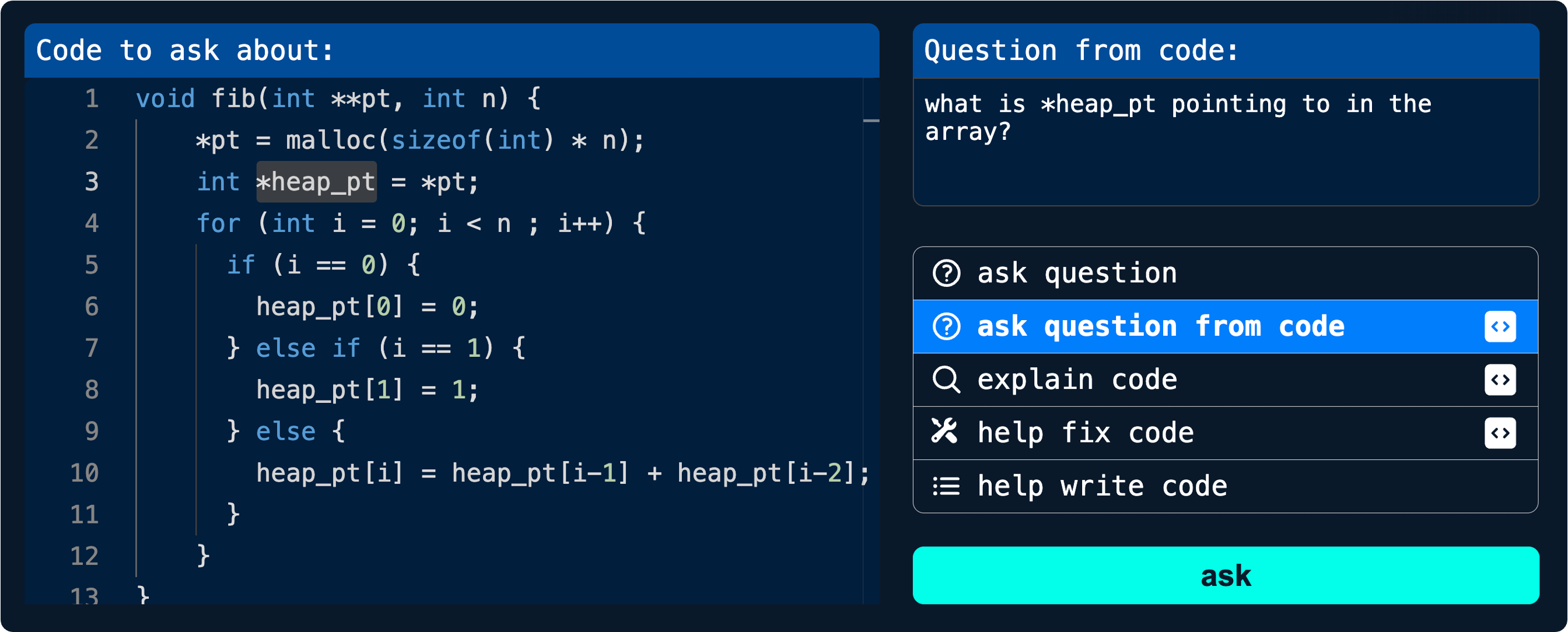 The image is a screenshot of the CodeAid tool interface, showing a programming environment with two distinct panels. On the left panel is a segment of code titled "Code to ask about:" which contains a C function 'fib' that calculates Fibonacci numbers and assigns them into a dynamically allocated array on the heap. The code includes pointers, memory allocation, and a loop structure. The right panel has a "Question from code:" box with the user's query about what '*heap_pt' is pointing to within the array. Below this, there are several interactive buttons for different types of assistance, including asking a question, asking a question from code, explaining code, helping fix code, and helping write code. The interface is designed with a dark theme and the text and interactive elements are highlighted with blue and teal accents for clarity and visual appeal.